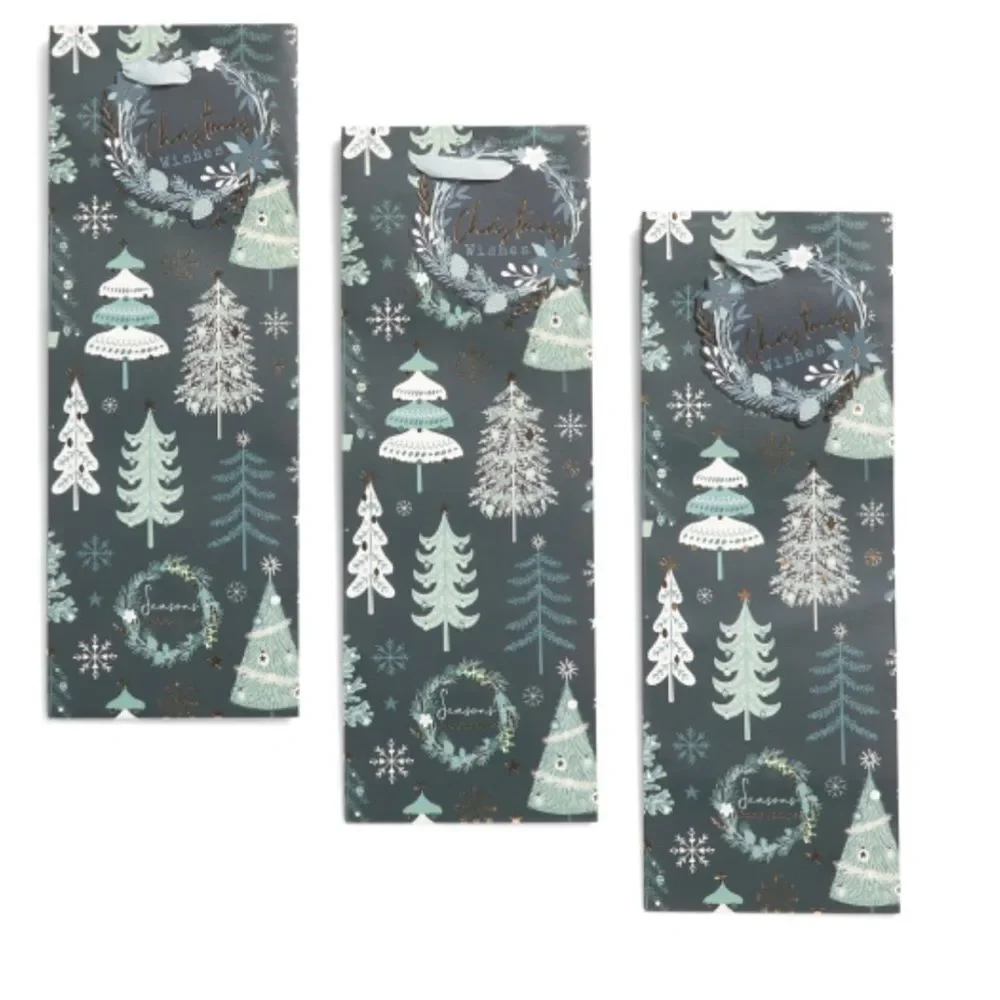 Green Paper Christmas Tree Print Holiday Gift Wine Bags 3 pk Green White Gold
